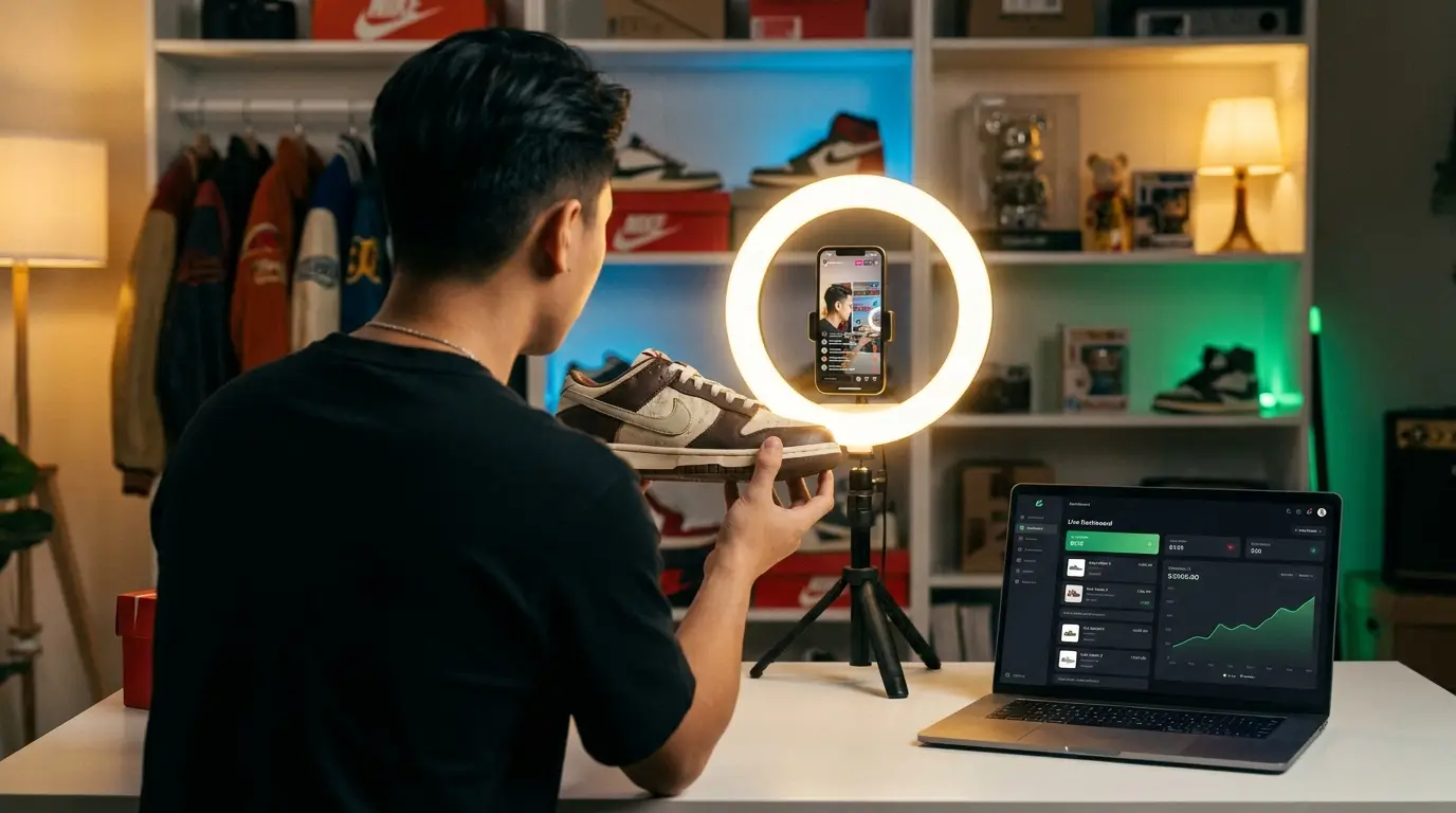 Live-Commerce-Verkäufer im Studio: Ringlicht, Handy-Stream und Verkäufer-Dashboard auf dem Laptop